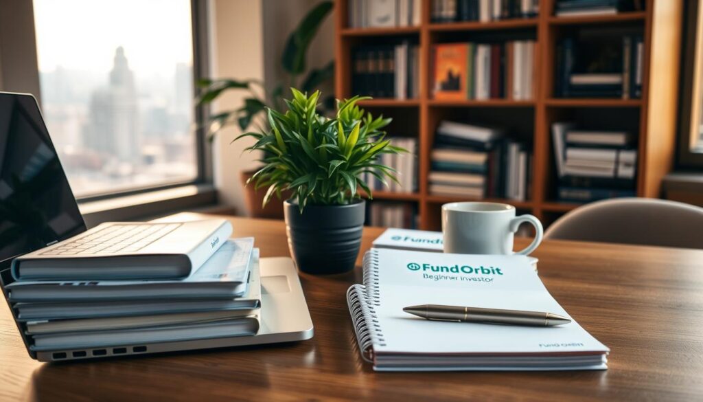 A well-lit, high-quality still life scene depicting a variety of beginner investor resources. In the foreground, a desktop with a laptop, a stack of financial books, and a "Fund Orbit" branded notebook and pen. In the middle ground, a potted plant and a mug of coffee. The background features a bookshelf filled with more financial literature and a large window overlooking a cityscape. The overall mood is one of focus, education, and the excitement of beginning an investment journey. Warm, directional lighting casts subtle shadows, creating depth and a sense of professionalism.