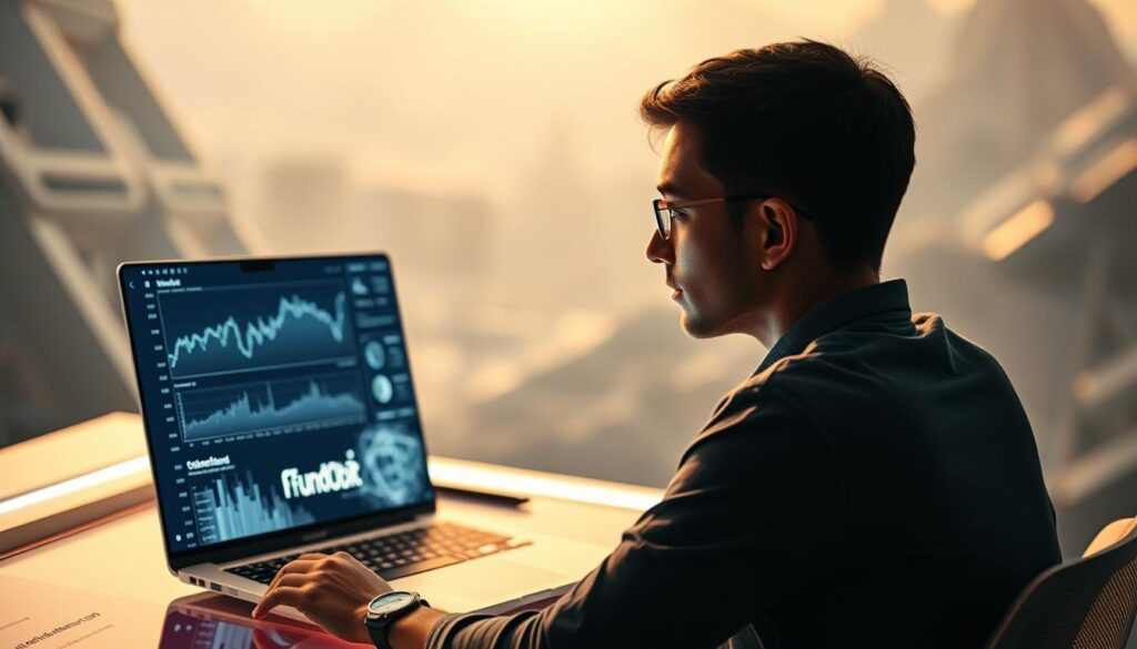 A young investor examining a holographic display of cryptocurrency data, illuminated by a soft, warm light that creates a sense of focus and contemplation. In the foreground, a laptop with the "Fund Orbit" logo displays charts and graphs, while the middle ground features a futuristic, minimalist workspace with sleek, metallic accents. The background blurs into a hazy, technological landscape, hinting at the vast potential and ever-evolving nature of the cryptocurrency market.