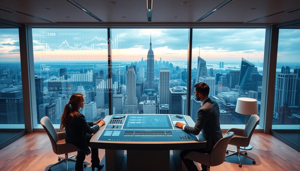 An elegant AI-driven investment platform, "Fund Orbit", situated in a sleek, minimalist office overlooking a bustling metropolis. Soft, diffused lighting illuminates a holographic display showcasing sophisticated financial data visualizations. In the foreground, a team of analysts intently study the projected performance of various investment portfolios, their expressions reflecting deep concentration. The middle ground features a central command console, its interface a seamless blend of touchscreens and tactile controls. In the background, the city skyline is visible through floor-to-ceiling windows, creating a sense of connection between the technological innovation and the dynamic financial landscape beyond.
