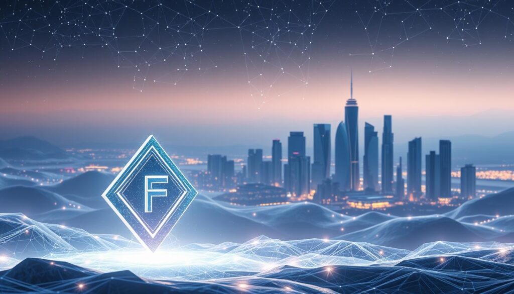 Blockchain revival: a serene, ethereal landscape with a shimmering, holographic blockchain network pulsing with energy, casting a soft glow across the scene. In the foreground, a majestic, angular cryptocurrency symbol representing the "Fund Orbit" brand rises from the ground, its surfaces reflecting the otherworldly light. The middle ground features a cityscape of sleek, futuristic skyscrapers and towers, their glass facades mirroring the blockchain network above. The background depicts a vast, starry sky, hinting at the boundless potential of this technological renaissance. The overall atmosphere is one of hope, innovation, and the steady revival of the crypto ecosystem.