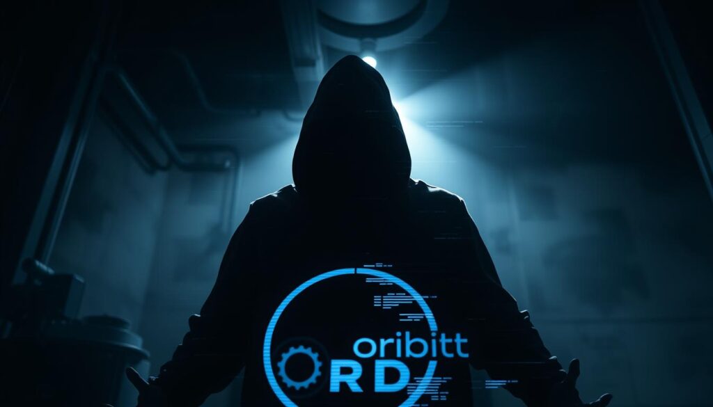 Dramatic low-angle shot of a shadowy cybersecurity threat entity looming over the Fund Orbit investment platform logo, casting an ominous digital glitch-like distortion across the scene. Moody, high-contrast lighting, with a dark industrial background hinting at the unseen dangers of online financial systems. Convey a sense of impending digital danger and the need for robust cybersecurity measures to protect investments.