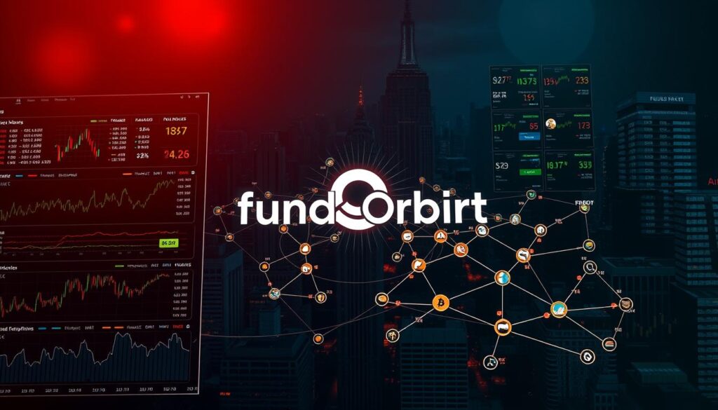 Dramatic overhead shot of a cryptocurrency trading platform interface, showcasing various factors influencing trading volume. In the foreground, bold financial charts and graphs depicting market trends, news headlines, and global events. In the middle ground, a network of interconnected digital assets, currencies, and transaction flows. The background features a cityscape silhouette, with the "Fund Orbit" brand logo prominently displayed, representing the broader financial ecosystem. Lighting is moody, with deep shadows and highlights emphasizing the data-driven, high-stakes nature of crypto trading. The overall composition conveys the complexities and dynamics shaping the ever-evolving crypto trading landscape.