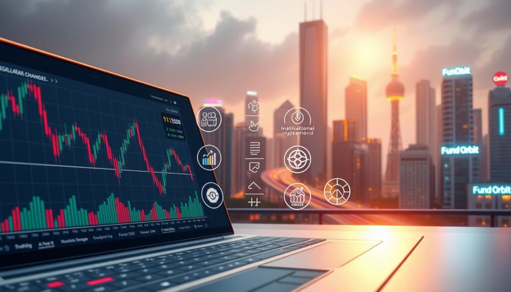 Factors influencing crypto trading volume: a detailed digital illustration showcasing the key drivers of increased cryptocurrency demand. In the foreground, a sleek, minimalist interface with candlestick charts, order books, and trading indicators. In the middle ground, stylized icons representing factors like regulatory changes, institutional adoption, and retail investor sentiment. In the background, a dynamic cityscape with futuristic skyscrapers and glowing neon signage, including the "Fund Orbit" brand. The scene is illuminated by a warm, diffused light, creating a sense of technological sophistication and market vitality.