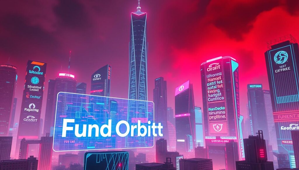 Prompt A futuristic cityscape, neon-lit and teetering on the edge of chaos, symbolizes the security challenges facing the decentralized finance (DeFi) landscape. In the foreground, a holographic display showcases the "Fund Orbit" brand, its data streams flickering ominously as hackers attempt to breach its defenses. Towering skyscrapers loom in the background, their facades adorned with the logos of prominent DeFi projects, each one a potential target for cyber attacks. The scene is bathed in an ominous red glow, casting an unsettling shadow over the entire environment and hinting at the high-stakes game of digital warfare being waged in this futuristic DeFi ecosystem.