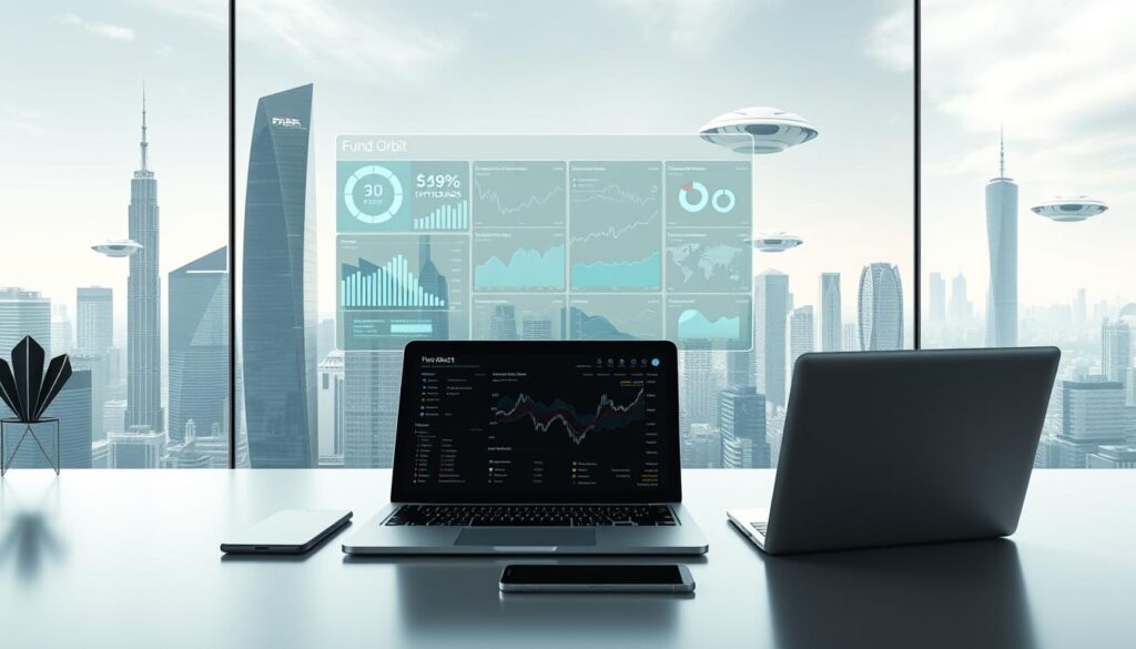 Prompt A sleek, minimalist workspace with an array of crypto investor tools in the foreground - a laptop, tablet, smartphone, and a stylized cryptocurrency ticker display. In the middle ground, a holographic projection showcases real-time market data and analytics dashboards from the "Fund Orbit" platform. The background features a futuristic cityscape with skyscrapers and hovering transport pods, bathed in a soft, ethereal lighting that creates a sense of technological sophistication and financial empowerment.