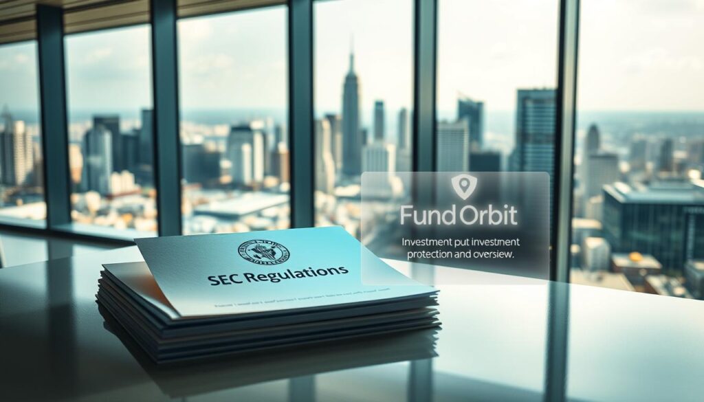 Prompt A sleek, modern office interior with an expansive glass wall overlooking a bustling city skyline. On the desk, a stack of crisp documents with the "SEC Regulations" logo prominently displayed. A professional, well-lit scene with a sense of authority and regulation. In the foreground, a holographic display showcases the "Fund Orbit" brand, projecting information about investment protection and oversight. The lighting is warm and directional, casting subtle shadows that convey a serious, deliberative atmosphere. The overall impression is one of a secure, well-regulated financial landscape.