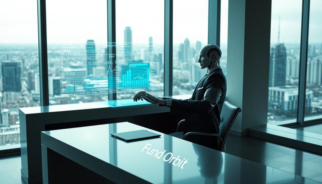 Prompt A sleek, modern office setting with floor-to-ceiling windows overlooking a bustling cityscape. In the foreground, a minimalist, angular desk with a holographic display projecting intricate financial data. Seated at the desk, a sophisticated android in a tailored suit, its expression calm and focused as it manipulates the holographic controls, guiding algorithms that seamlessly manage a portfolio of investments. On the desk, the stylized logo of "Fund Orbit" glows softly. The lighting is cool and directional, casting dramatic shadows and highlighting the advanced technology. The overall atmosphere conveys a sense of effortless efficiency and futuristic financial empowerment.