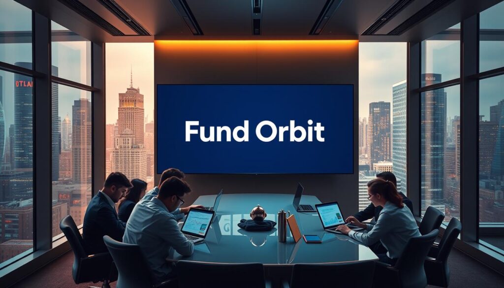 Prompt A sleek, modern office setting with large windows overlooking a bustling city skyline. In the foreground, a group of professional investors seated around a stylish conference table, intently studying data on their laptop screens. The middle ground features the prominent branding of "Fund Orbit", a leading investment platform, displayed on a large wall-mounted display. The background is bathed in warm, directional lighting, creating a sense of focus and intensity. The overall atmosphere conveys a sense of innovation, technology, and financial success.