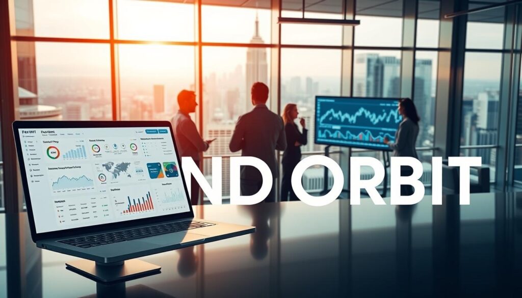a professional, highly detailed, photorealistic image of a real estate investment platform showcasing the "Fund Orbit" brand. The foreground features a modern, sleek interface with intuitive data visualizations, investment portfolio tracking, and seamless navigation. In the middle ground, a team of financial analysts collaborating on investment strategies, discussing market trends on large display screens. The background depicts a sophisticated office environment with floor-to-ceiling windows overlooking a bustling cityscape, conveying a sense of scale, authority, and technological sophistication. The lighting is warm and inviting, creating a welcoming atmosphere. The overall scene embodies the power, innovation, and trustworthiness of the "Fund Orbit" real estate investment platform.